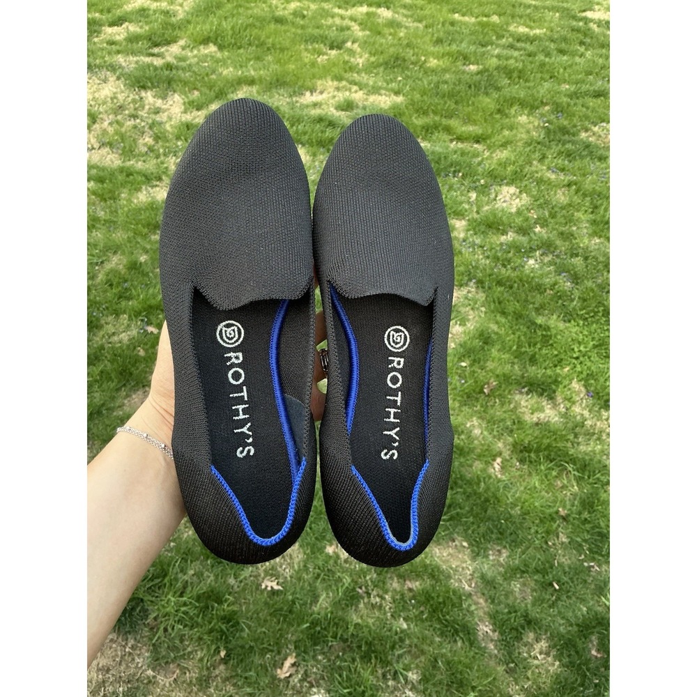 Rothy's Jet Black Blue Trim Heather Style Slip On Luxury Flats Shoes US Size 8.5